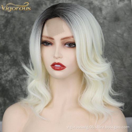 Lace Frontal Wholesale Cheap Women Wig Heat Resistant Fiber Short Wavy Root Black Ombre Gold Color Bob Synthetic Hair wigs